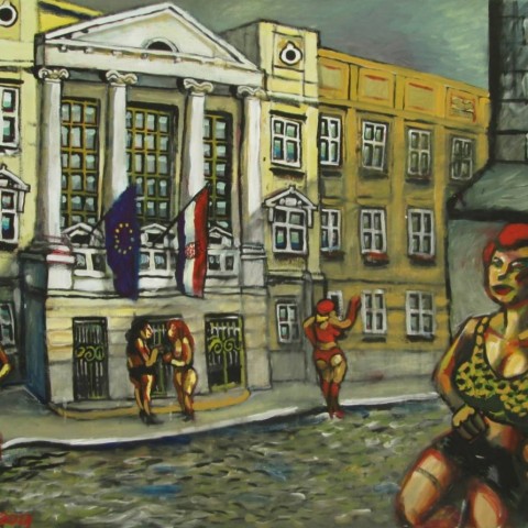 ''Kurve pred saborom'', akril na platnu 2013. ''Whores in front of the Parliament'', acrylic/canvas, 2013